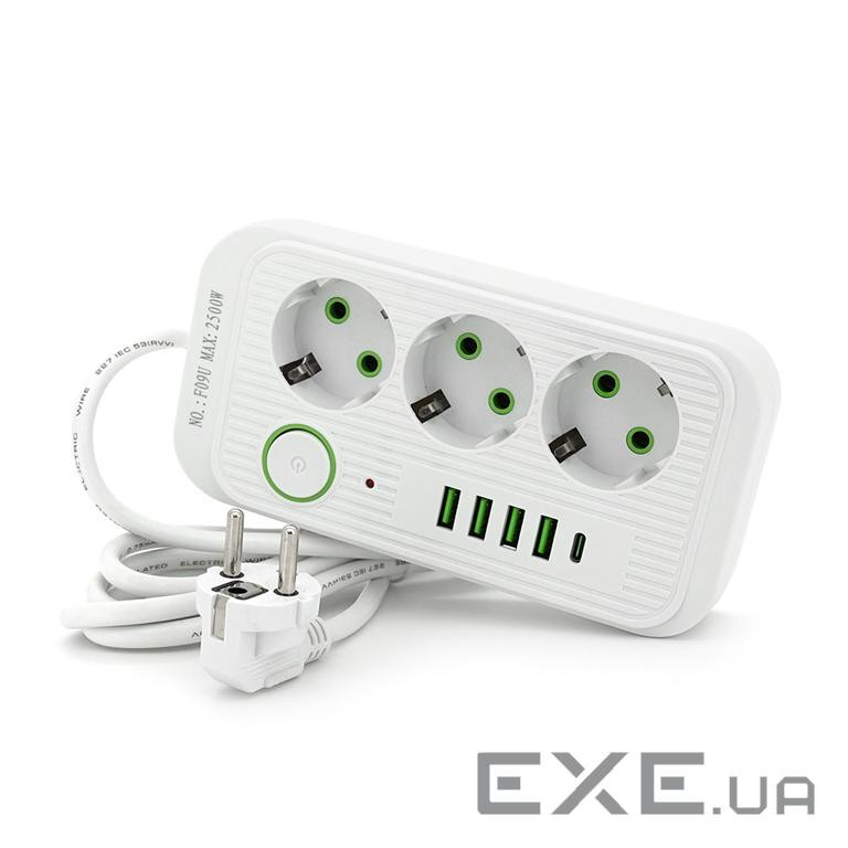 Фільтр мережі F09U, 3 розетки EU + 4 USB + 1PD, кнопка включення з індикатором, 2 м, 3х (F09U-White) (F09U-White)