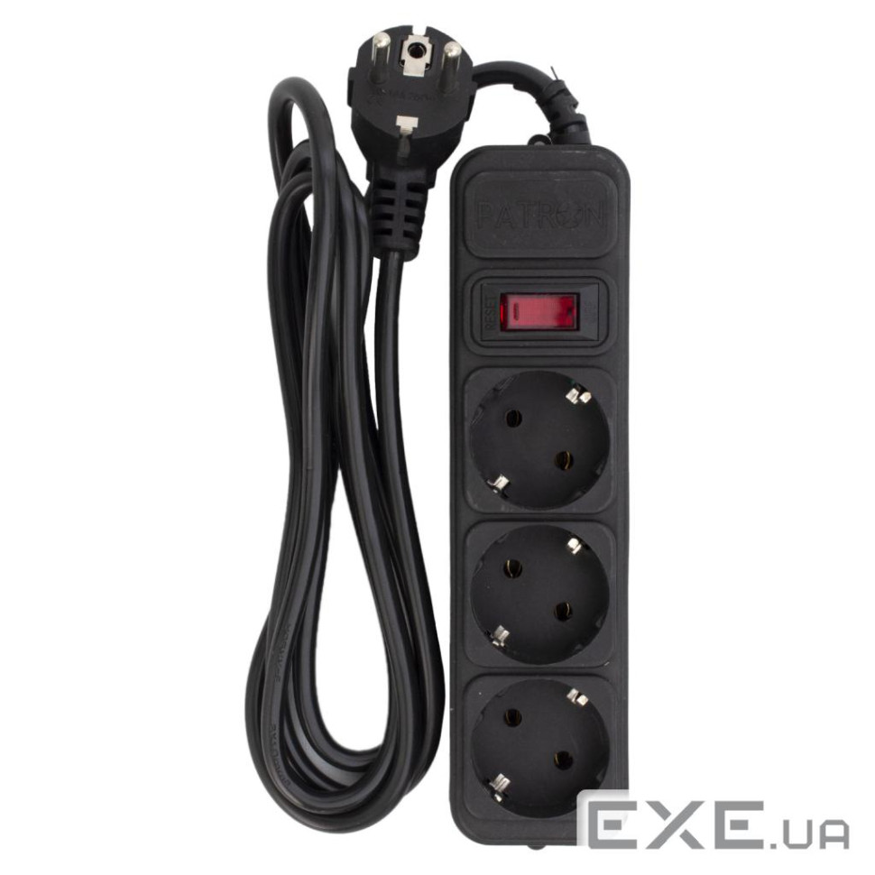 Фільтр мережевий 1.8 м, Patron, Black, 3 розетки, 10А, до 2.5 кВт, вимикач, заземле (EXT-PN-SP-1032) (EXT-PN-SP-1032)