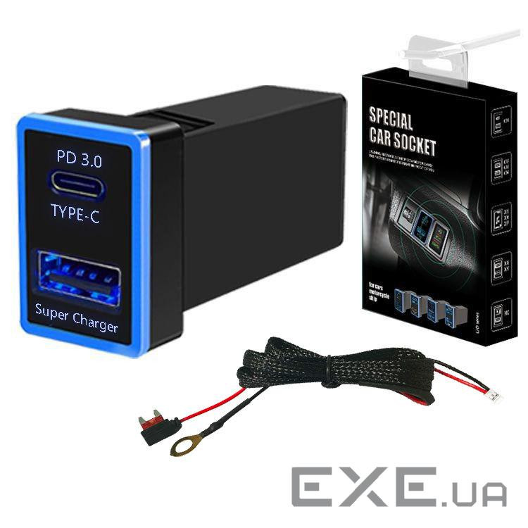 АЗУ врізне 60W-D01T03-Fuse, PD+QC, Type-C: 30W, USB: 30W, LED підсвічування, комплект проводів під п