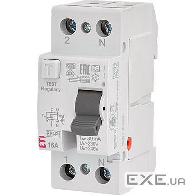 Реле диференційне ETI (ПЗВ) 2р EFI6-P2 16/0,03 тип AC (6kA) (2061250) AC (6kA) (2061250)