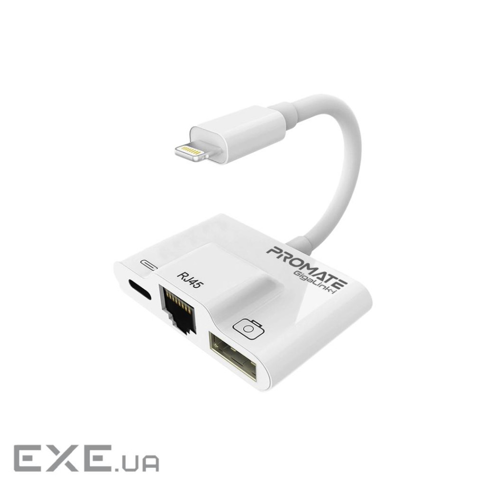 Адаптер Lightning to RJ45 Ethernet + USB 3.0 OTG + Lightning Promate (gigalink-i.white)