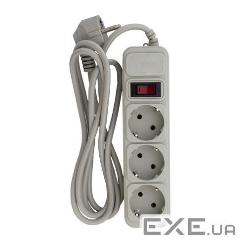 Фільтр мережевий 3 м, Patron, Grey, 3 розетки, 10А, до 2.5 кВт, вимикач, заземлення (SP-1033-GR 3м) )