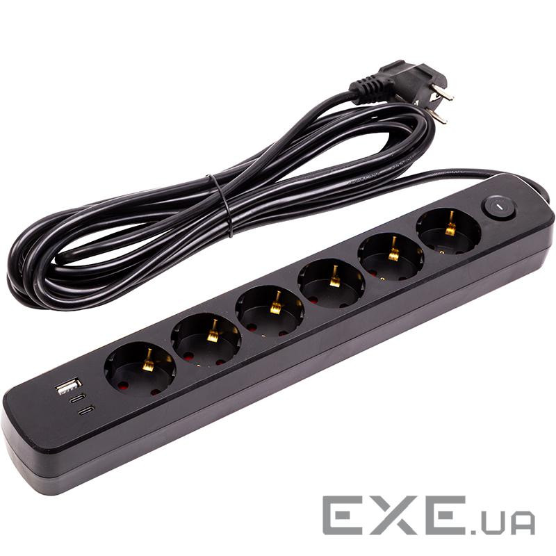Мережевий фільтр PowerPlant 5м, 3x0.75мм2, 6 розеток, 1xUSB, 2xType-C, євро, 100% мідь (Y (EX610679)
