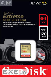 Карта пам'яті SanDisk 64GB SD class 10 UHS-I U3 V30 Extreme (SDSDXV2-064G-GNCIN)
