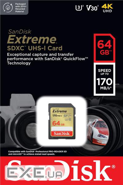Карта пам'яті SanDisk 64GB SD class 10 UHS-I U3 V30 Extreme (SDSDXV2-064G-GNCIN)