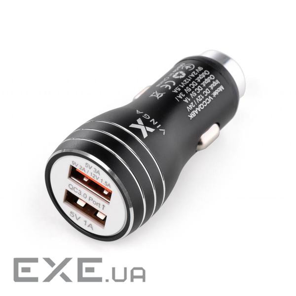Зарядний пристрій Vinga QC3 Quick Dual USB Car Charger aluminium 18W Max (VCCQAABK)